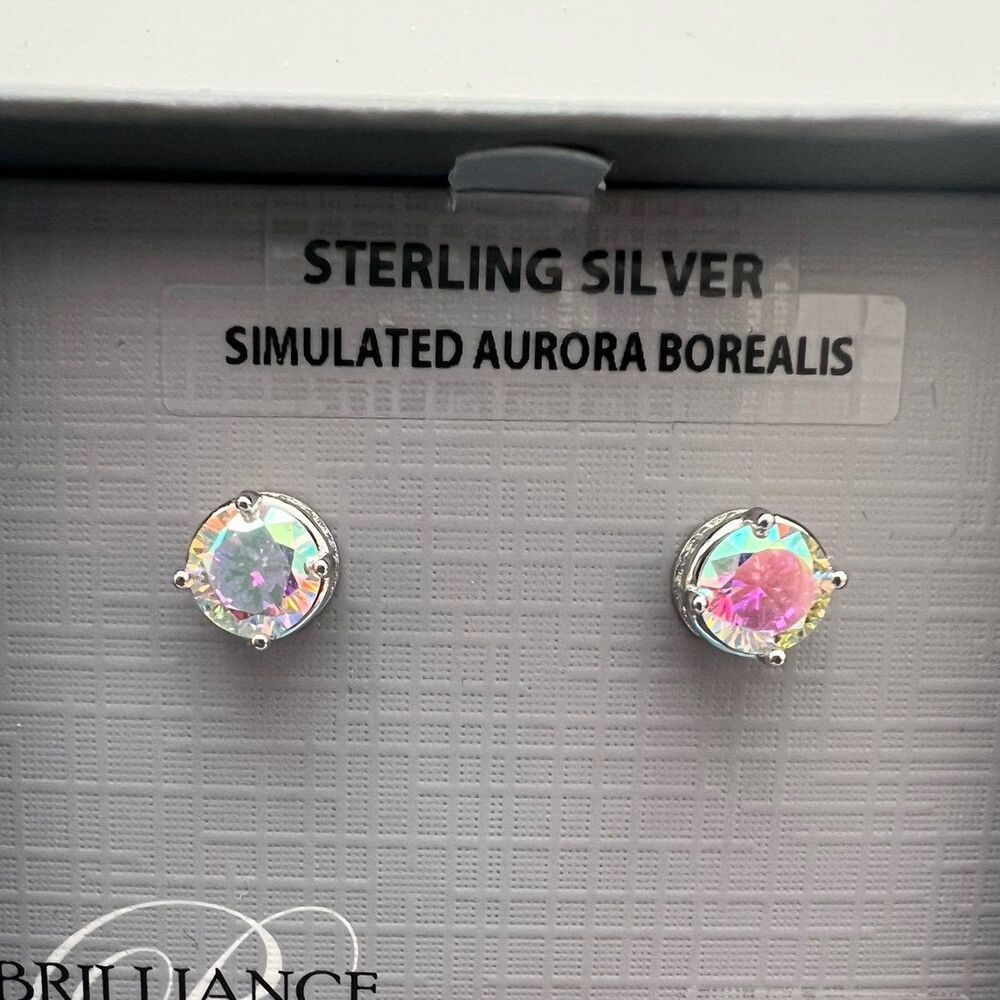 Round stud sterling silver earrings, simulated Aurora Borealis crystal details